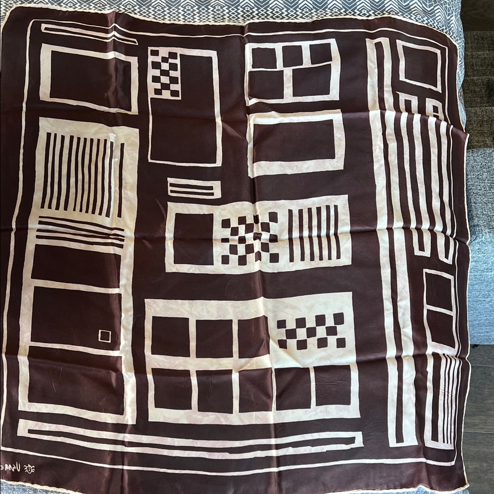 Vintage 70's Vena Cava Brown and Cream Geometric Scarf 26x26